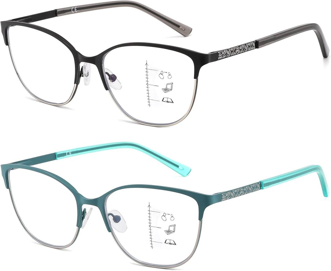 Progressive Multifocal Reading Glasses Women Cat Eye No Line Multifocus Transition Blue Light Reader Lady Metal Frame, Black & Green, 1.75 Diopters