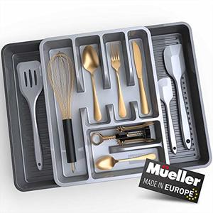 Mueller Flatware Kitchen Drawer Organizer, 19.7" x 15" Silverware Organizer, 6 Compartments, Heavy-Duty, Cutlery Tray for Utensils or Stuff, Dining Room, Living Room, Large, Grey