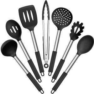 E-far Silicone Cooking Utensils Set, 7 Pcs Heat Resistant Kitchen Utensils with Stainless Steel Handle, Slotted Turner, Spoon, Soup Ladle, Pasta Server, Skimmer, Tongs for Nonstick Cookware, Black