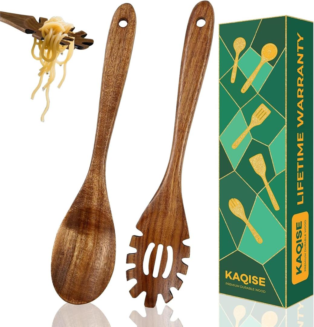 2-Piece Wooden Spoons for Cooking, Natural Teak Wood Utensil Set, Wooden Kitchen Utensils for Noodle, Non-Stick Kitchen Utensils for Servering, Stiring and Mixing (Pasta Fork & Flat Spoon)