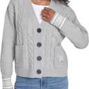 Tommy Hilfiger Womens Boxy Varsity Cable Cardigan (Large, Medium Heather Grey Multi)