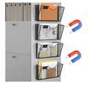 MFTEK Magnetic File Holder, 4 Pockets Magnetic File Folder Holder No Drilling Magnet Paper Mail Organizer Magazine Basket, Hanging Wall Storage Rack for Fridge Cabinets Office Classroom