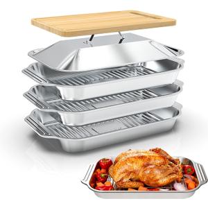 Grilling Prep and Serve Trays, 5-in-1 Grill Carry System Stainless Steel Food Prep Tray Set with Lid for BBQ, Marinating, and Serving