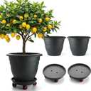 RooTrimmer 3 Pack 16 Inch Large Plant Pots with Rolling Saucers & Drainage Holes,Heavy Duty Plastic Planters for Indoor Outdoor Plants,Large Flower Pots with Wheels for Tall Plants(Black)
