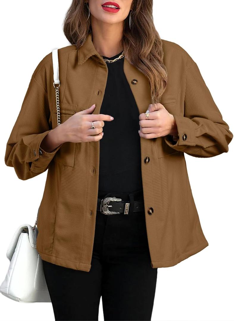 EVALESS Womens Corduroy Jackets Fashion Long Sleeve Button Down Shacket Shirt Jacket with Pockets Fall Outfits 2024, Small