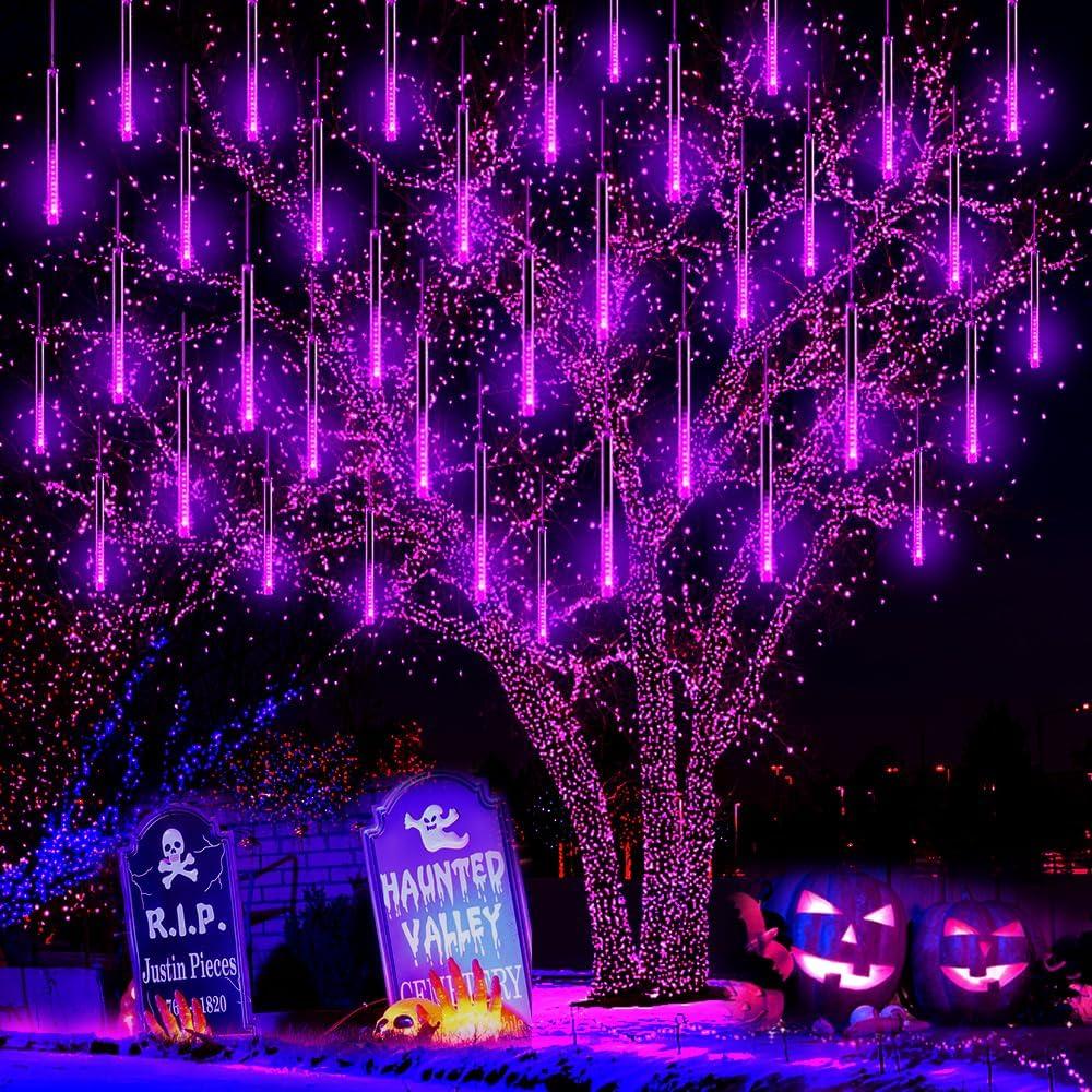 Halloween Lights Outdoor, Meteor Shower Lights 12 inch 8 Tubes Icicle Fairy String Lights for Halloween Christmas Decorations Tree Party Yard Outdoor, UL Plug, Purple