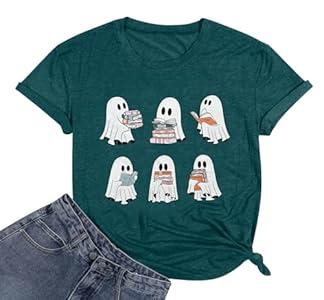 Halloween Teacher Shirts for Women Reading Books T-Shirt Funny Teacher Librarian Halloween Party Tee Tops Dark Green S