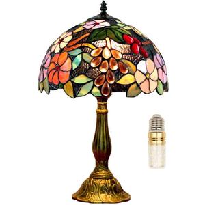 Tiffany Table Lamp Hand-Made Grape Rose Stained Glass Table Lamps Bedside Nightstand Lamp for Bedroom, Living Room, Home Office Desk Lamp,Home Deco Art,W/LED E26 Bulb,12X12X18Inch