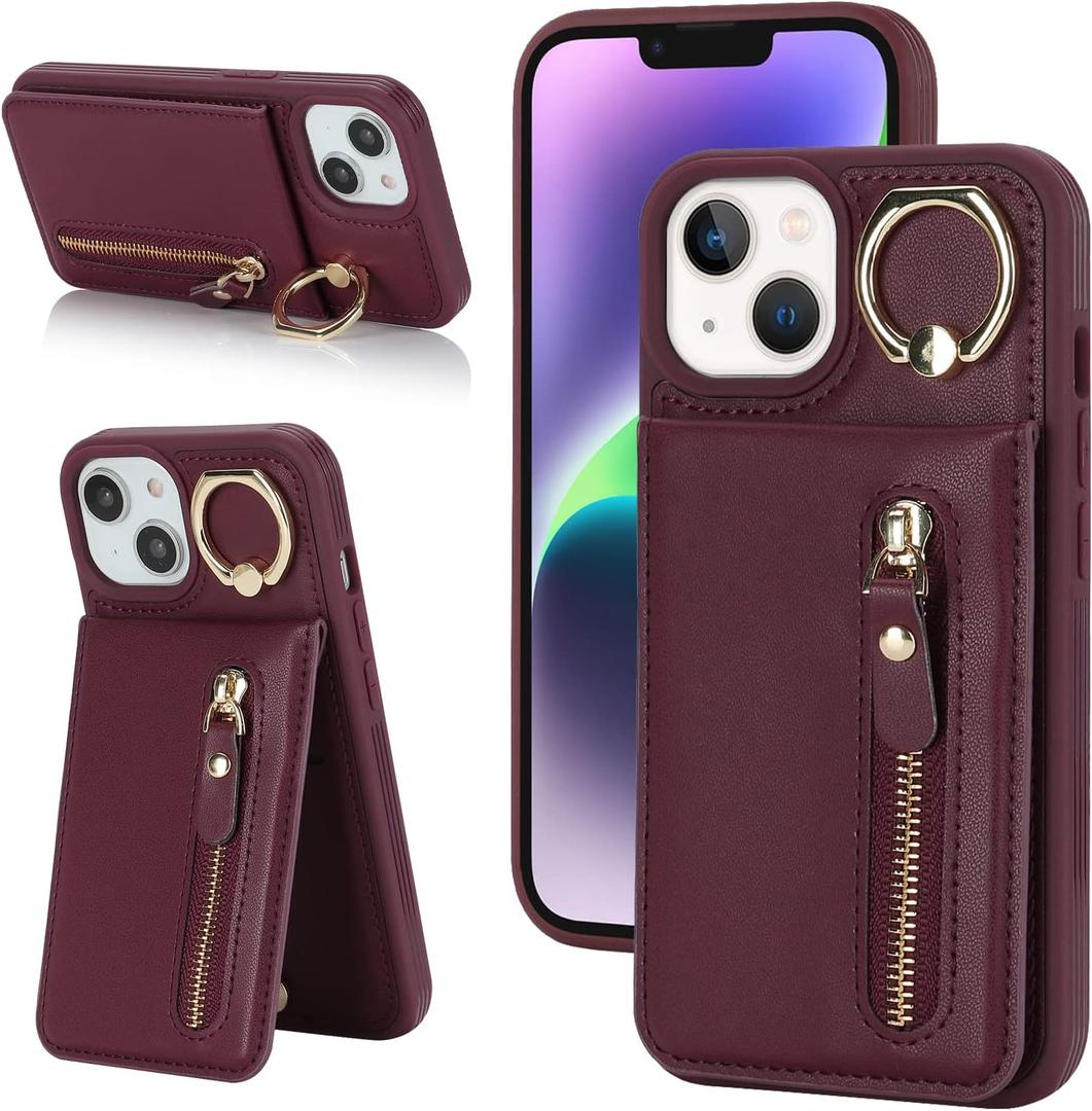 for iPhone 13 Case with Card Holder for Women,for iPhone 13 Phone Case Wallet with Credit Card with Ring Kickstand Zipper Shockproof Slim Stand Case for Apple13 - Red Wine (B+Red Wine)