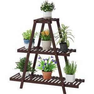 Plant Stand For Indoor Outdoor Tiered Plant Shelf 3 Tier 8 Potted Bamboo Flower Holder Ladder Rack For Multiple Triangle Table Plant Pot Stand (Brown)