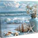 Blue Ocean Beach Bathroom Canvas Wall Art Starfish with White Flower Coastal Picture Wall Decor Seascape Poster Seaside Seashell Painting Print Artwork for Living Room Bedroom Restroom, Framed