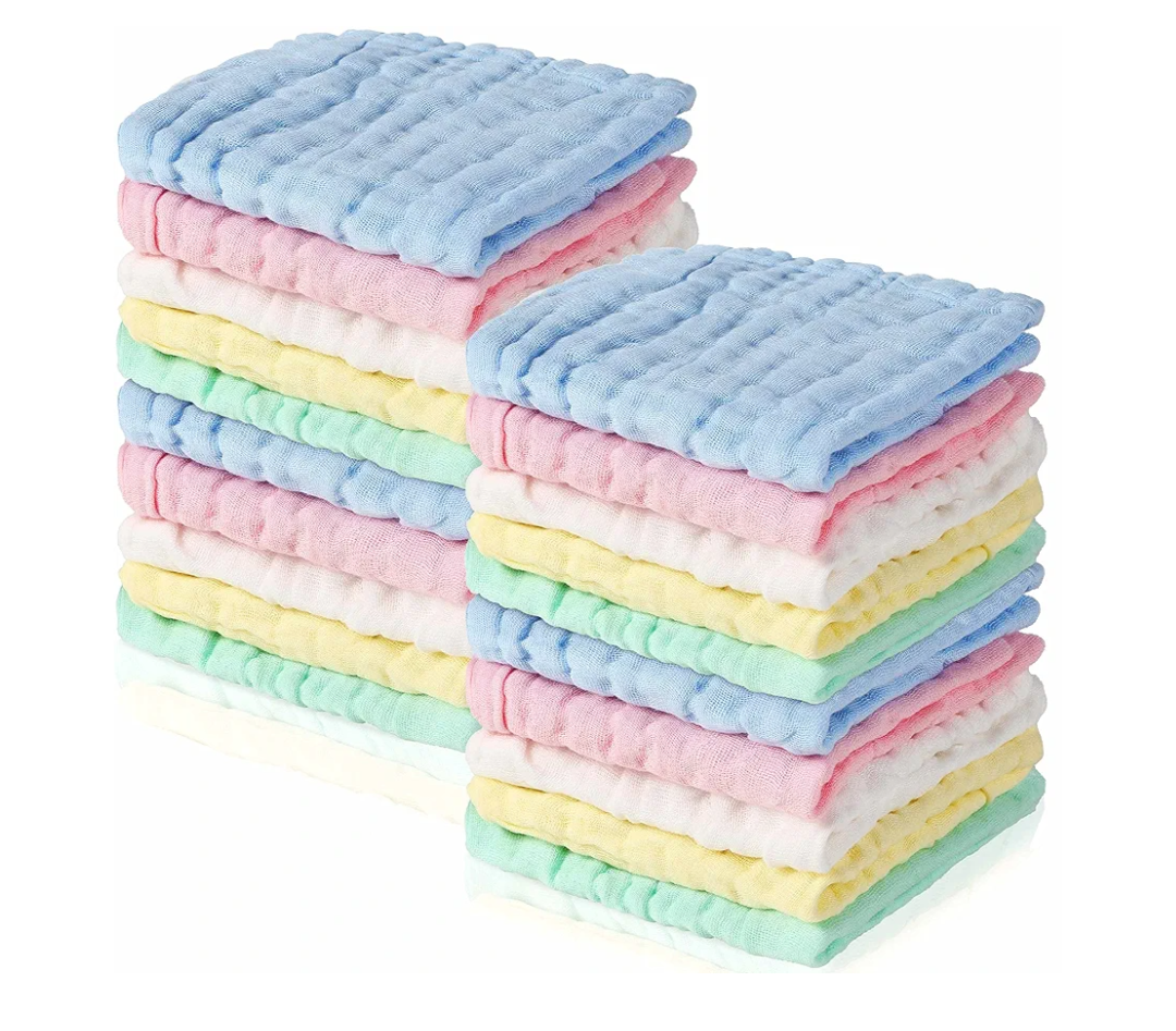 Breling 20 Pcs Baby Muslin Washcloth 12 x 12 Inch 100% Cotton Soft and Absorbent Muslin Washcloth Burp Cloth Wipe Newborn Face Towel for Baby Boy Girl Sensitive Skin (Blue, White, Green, Yellow, Pink)
