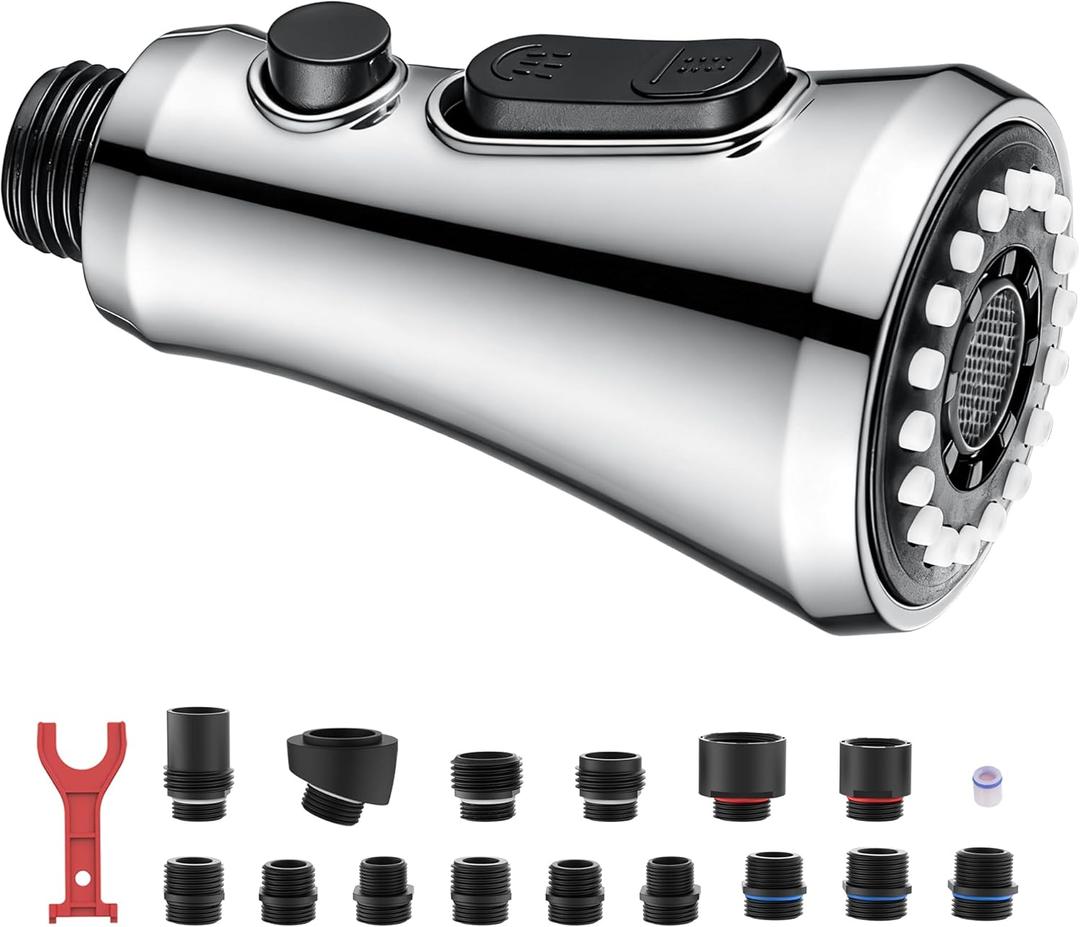Pull Down Spray Head for Kitchen Faucet - Chrome Kitchen Faucet Head Replacement with 15 Adapters - 3 Function Sink Faucet Sprayer Nozzle with Pause