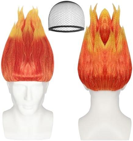 Gvhntk Anger Wig Flame Fire Wig Orange Short Red Wigs with Cap Spiked Spiky Fun Flame Shape Wigs Unisex Costume Outfit for Halloween Cosplay Party