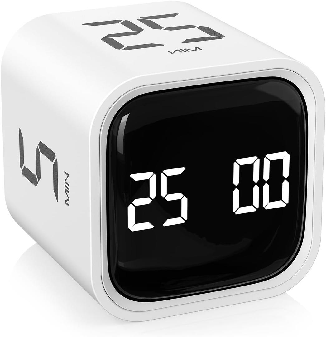 Rotating Pomodoro Timer 5, 25, 10 50 Minutes Preset, Desk Productivity Flip Timer, ADHD Tool Cube Countdown Stopwatch, Vibration/High/Low Volume/Custom Modes, for Work, Study, Back to School, White