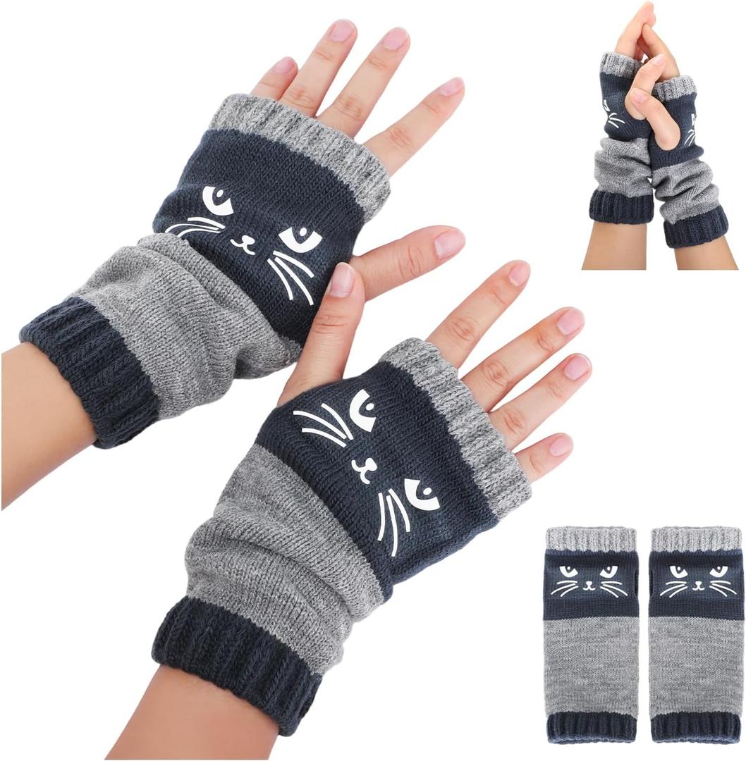 Cat Gloves, Cat Fingerless Gloves, Fingerless Cat Gloves for Women, Essential for Winter Travel (Blue)