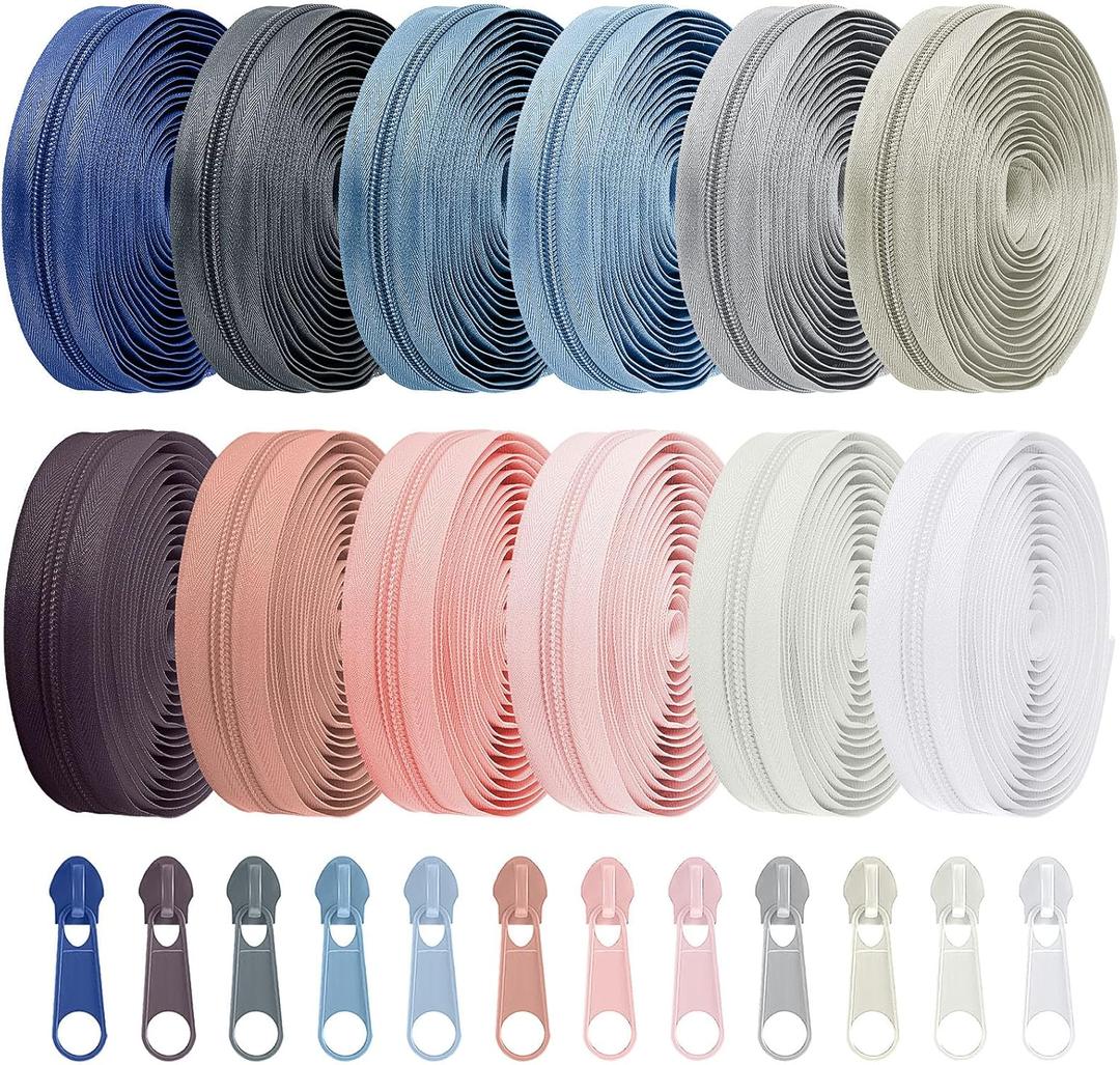 Syhood 36 Yards 12 Pieces #5 Sewing Zippers Tapes Assorted Nylon Lightweight with 120 Plastic Zipper Sliders for Women Men Sewing Supplies(Light Grayish)