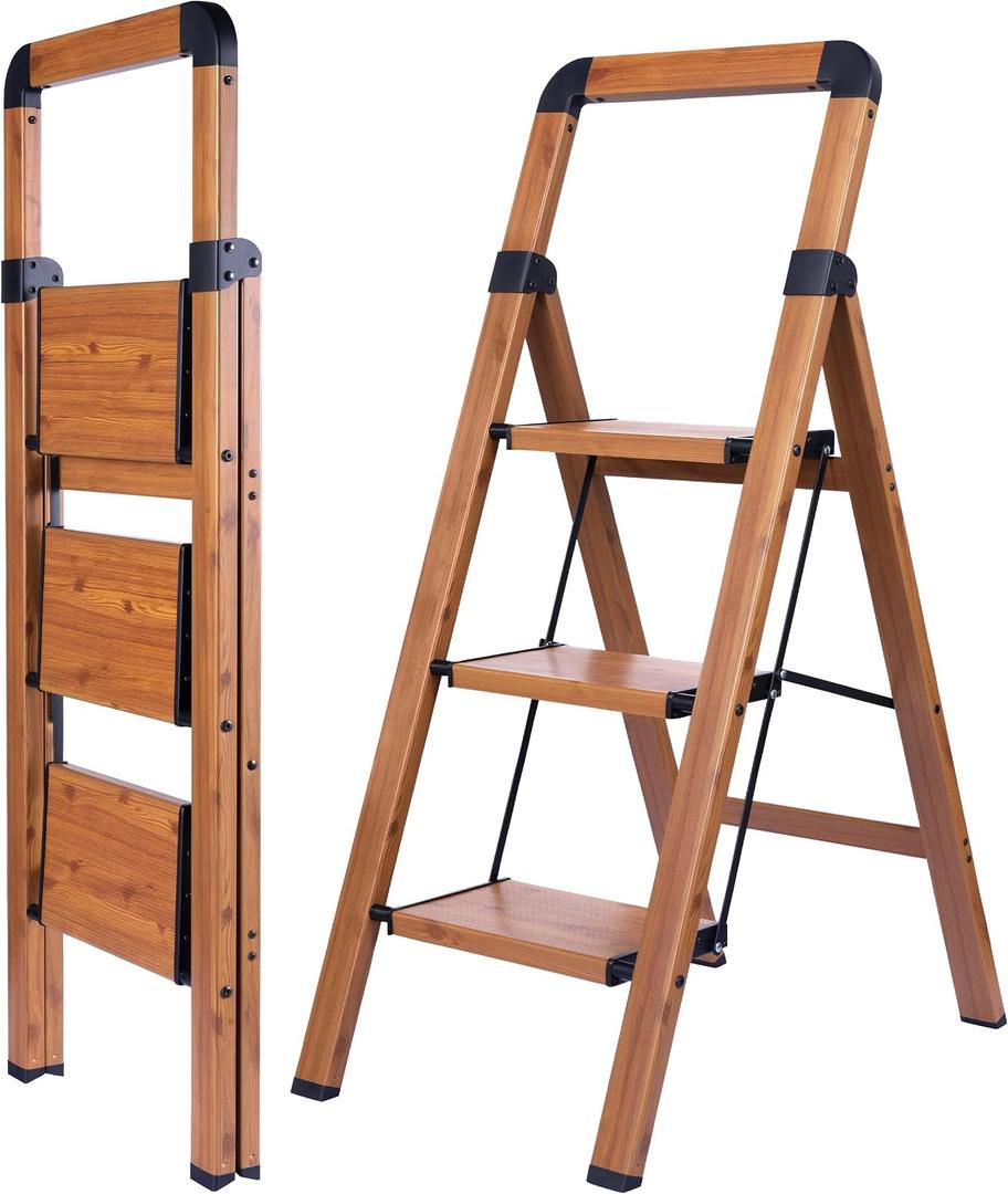 Step Ladder 3-Step Woodgrain Finish Aluminum Folding Step Ladders,Anti-Slip Max 330 lbs