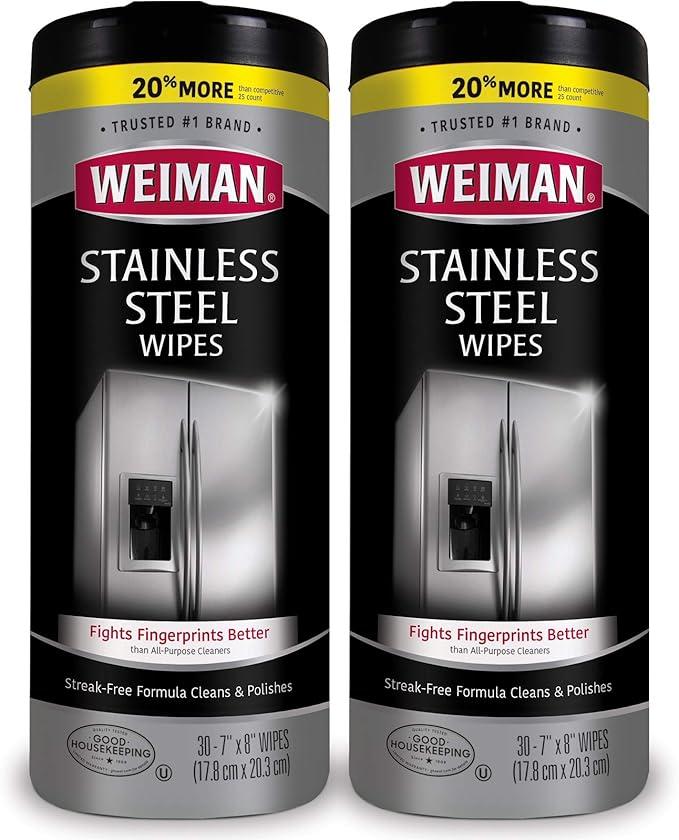 Weiman Stainless Steel Cleaner, 30 Count Cleaning Wipes, Removes Dirt, Grime, and Grease, No Streaks or Residue, Stainless Steel Polish for a Sparkling Clean and Shiny Surface, Cleaning Supplies 2 Pack