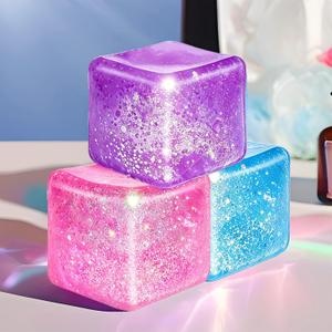 Glitter Square Squishy Cube - Slow Rise Stress Cubes for Adults, Ice Cube Squishy Fidget Toys for Kids Malt Sugar Stress Balls for Anxiety Relief(Blue/Pink/Purple)