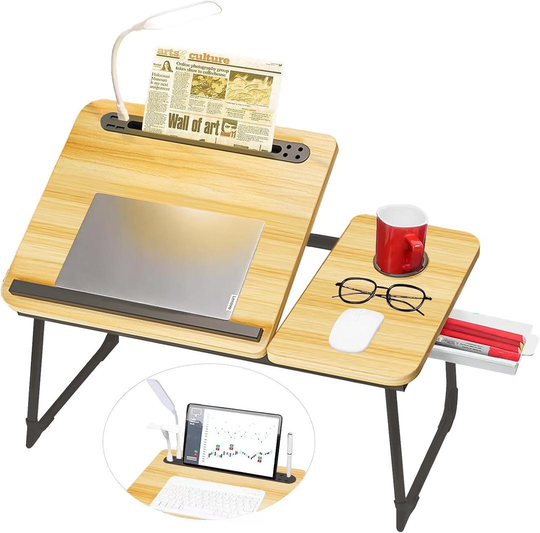 CloudTrip Plus XL Adjustable Laptop Desk with Light, USB Port, iPad Holder, Drawer Storage - Larger 23.6IN Adjustable Lap Desk for Bed, Home Office, Breakfast Tray, Fordable Legs Desk (Walnut)