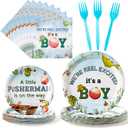 ANGOLIO Gone Fishing Party Tableware Set - 96Pcs Summer A Little Fisherman Is On The Way Party Supplies Include Disposable Paper Plates Napkins Forks Decoration for Boy Birthday Baby Shower, Serves 24