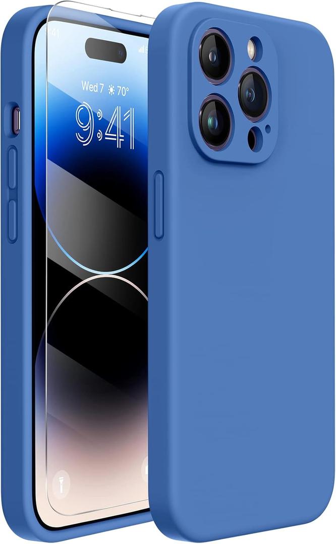 Miracase Designed for iPhone 14 Pro Case with Screen Protector, [Upgraded Camera Protection], Shockproof Liquid Silicone Rubber Phone Case Cover for 14 Pro 6.1 inch, Aqua Blue