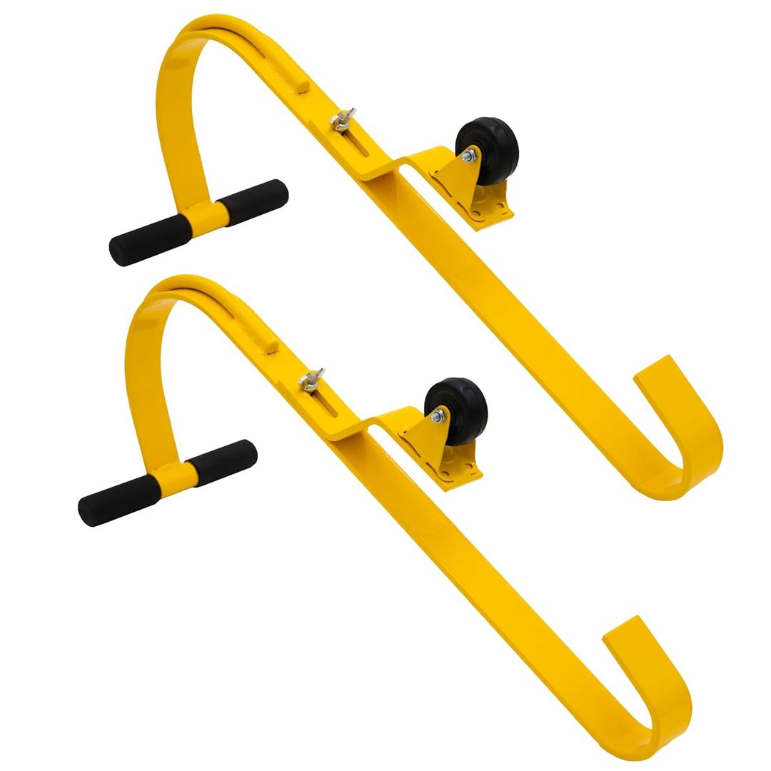 Tie Down 2-Pack Heavy Duty Powder-Coat Painted Yellow Steel Ladder Roof Hook with Wheel | Rubber Grip T-Bar for Damage Prevention | Fast and Easy Setup to Access Steep Roofs