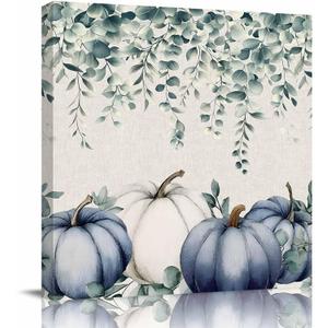 BiadingCC Fall Canvas Wall Art Eucalyptus Leaves Pumpkin Oil Paintings on Canvas Blue White Pumpkin Thanksgiving Wall Decor for Living Room Bedroom Bathroom Artwork Decorations Ready to Hang 8x8in