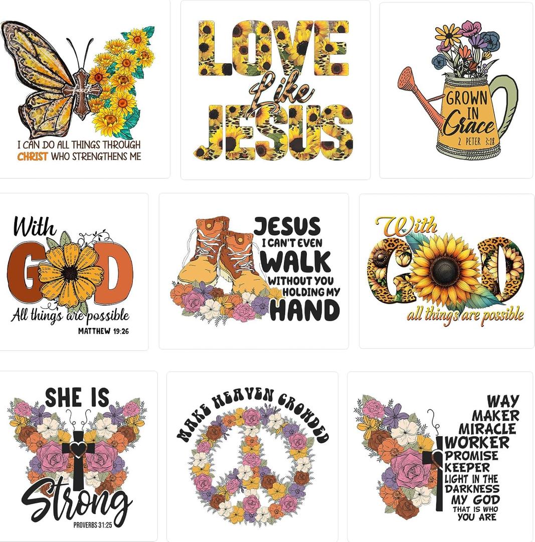 9Pcs Jesus Sunflower Iron on Decals for Clothing DIY Heat Transfer Vinyl Stickers for T-Shirt Jeans Pillow Cover Craft Appliques Decor