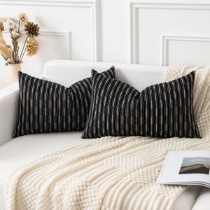 Kevin Textile Pack of 2 Farmhouse Throw Pillow Covers Boho Woven Texture Linen Striped Decorative Pillow Cases for Couch Bed and Chair, Black 12 x 20 inches 30 x 50 cm