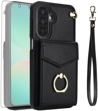 Asuwish Phone Case for Samsung Galaxy A26 5G Wallet Cover with Tempered Glass Screen Protector and RFID Blocking Ring Stand Credit Card Holder PU Leather Cell Accessories A 26 26A LTE Women Men Black