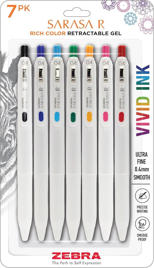 Zebra Pen, SARASA R Gel Pens, Assorted Ink Colors, 0.4mm Fine Point, Vivid Ink to Create Deep, Saturated Color and Smooth Gel Lines, Quick-Drying for Smear-Free Writing, Made in Japan, 7-Pack (47807)