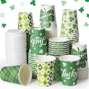 100 Set St. Patricks Day Disposable Coffee Cups with Lids, 12oz Green Lucky Shamrock Paper Cups, St Patricks Cups for Hot Chocolate Cold Drinks Irish Holiday Saint Patrick Party Supplies Decorations