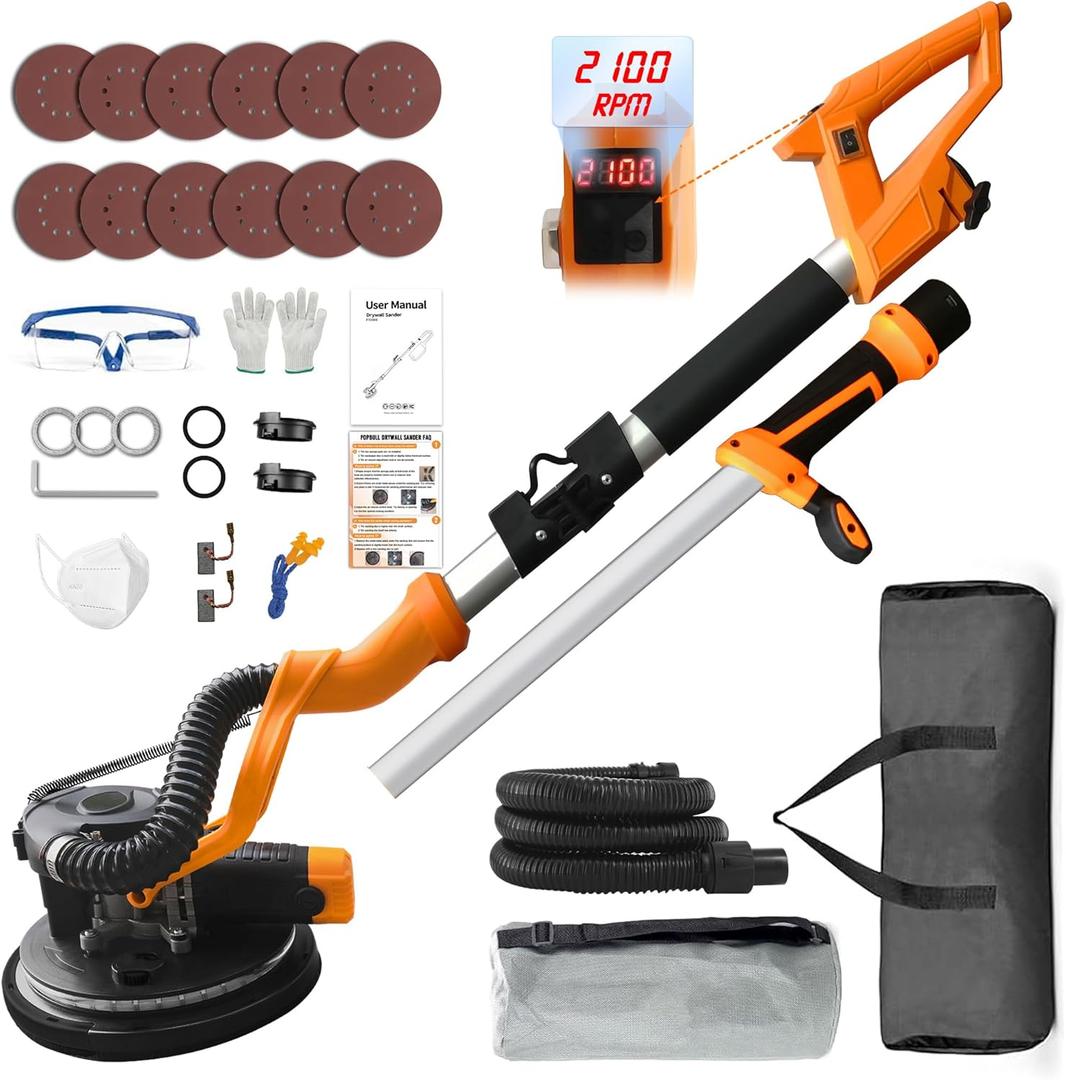 POPBULL Electric Drywall Sander (1050W) With Vacuum, Heavy Duty Drywall Sander with LCD Digital Display,9 Variable Speed 800-2100RPM,Foldable & Extendable Handle,12pcs Sanding Discs,Wood Floor etc