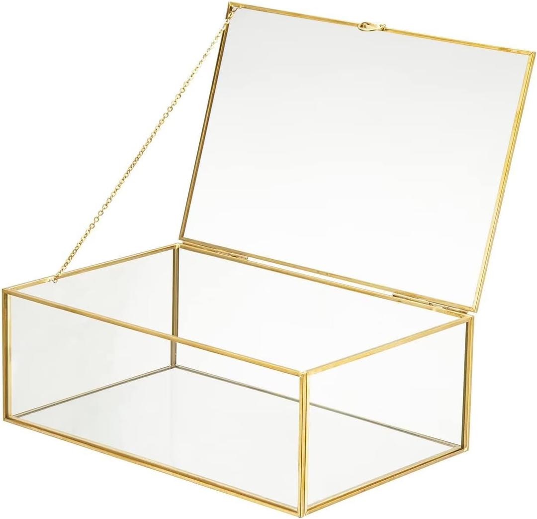 10.8 Glass Jewelry Box Gold Card Box with Hinged Lid, Gold Keepsake Box for Storage Wedding Card, Trinkets, Photo and More, Cute Glass Box for Women and Girl,Vintage