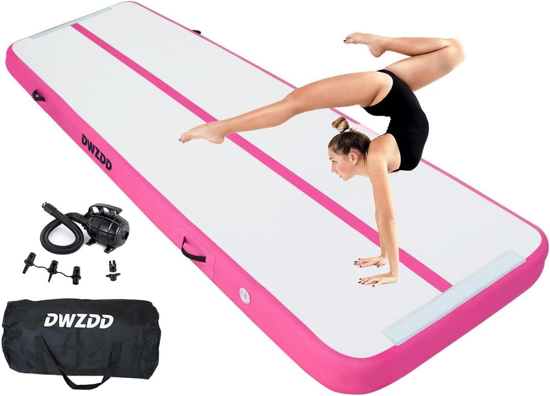 Dwzdd Gymnastics Air Mat 20ft Tumbling Mat Inflatable Gymnastics Tumble Track for Home/Gym/Training/Cheerleading/Water with Electric Pump (White+Pink)