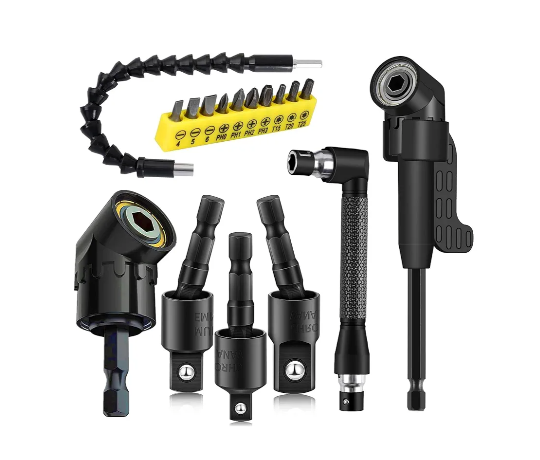 17Pcs Flexible Drill Bit Extension, Include 3Pcs Rotatable Socket Adapter 2Pcs Hex Shank 105° Right Angle Drill Attachment 10 Short Screwdriver Bits 90° Angled Bits and Bendable Extension
