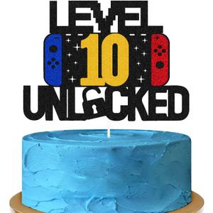 3 x Level 10th Unlocked Sign Cake Topper Happy 10th Birthday Level Up Tenth Cake Decorations for Video Game Controller Themed Boy Girl Bday Party Supplies Double Sided