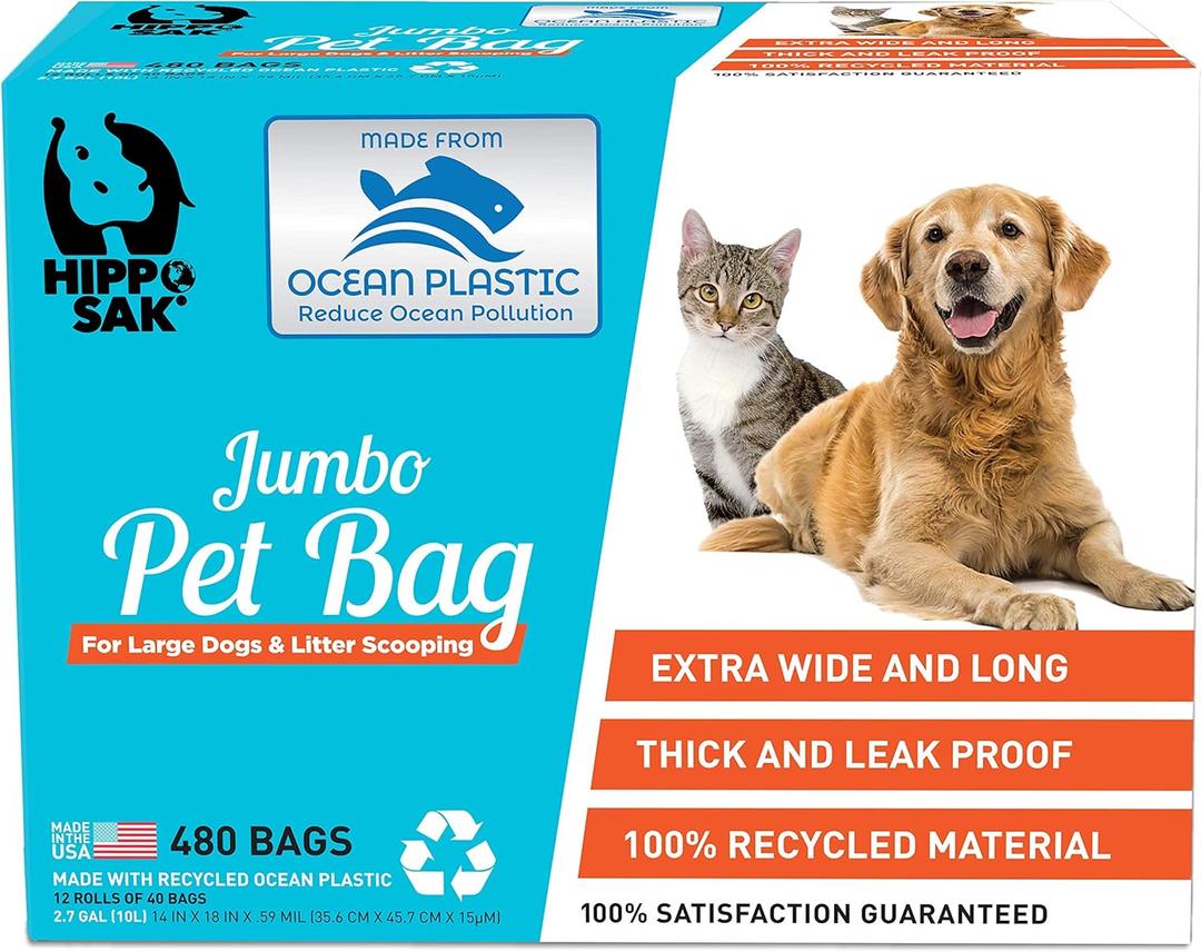 Hippo Sak Extra Large Pet Poop Bags with Dispenser, Made with Ocean Bound Plastic, 480 Count
