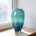 Teal Glass Vase 11" Hand Blown Glass Vase for Teal Home Decor Accents, Wide Mouth Turquoise Vases Home Decor for Centerpieces, Dining Table, Bookshelf, Bathroom or Living Room Display