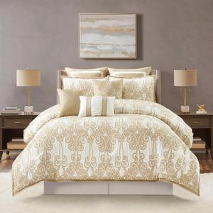 Stratford Park Beige and Gold Comforter Set Queen Size, 9 Piece Jacquard Floral Bedding Set, All Season, Ultra-Soft, Matching Pillows & Shams, Bed Skirt