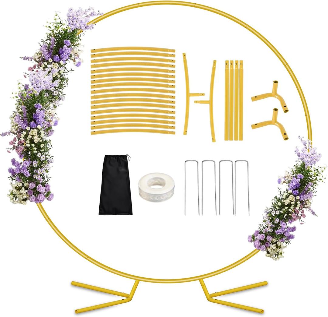 8FT Circle Arch Backdrop Stand for Parties, Round Balloon Arch Stand Kit with Base, Metal Gold Wedding Arches Frame Heavy Duty for Ceremony Birthday Baby Shower Gender Reveal Party Decoration