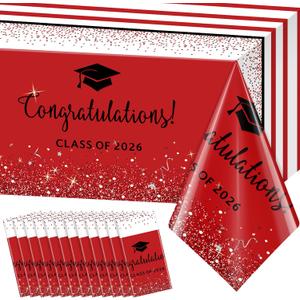 12 Pack Class of 2026 Graduation Tablecloths,Foil Dot Plastic Disposable Rectangle Table Covers for 2026 High School University College Graduation Party Decorations,108*54 Inch (Red and Black)