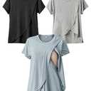 Rnxrbb Summer Maternity Nursing Shirts for Breastfeeding Tops Short Sleeve Postpartum Sets Clothes 3 Pack for Women, Black&Light Gray&Gray, Blue, XS