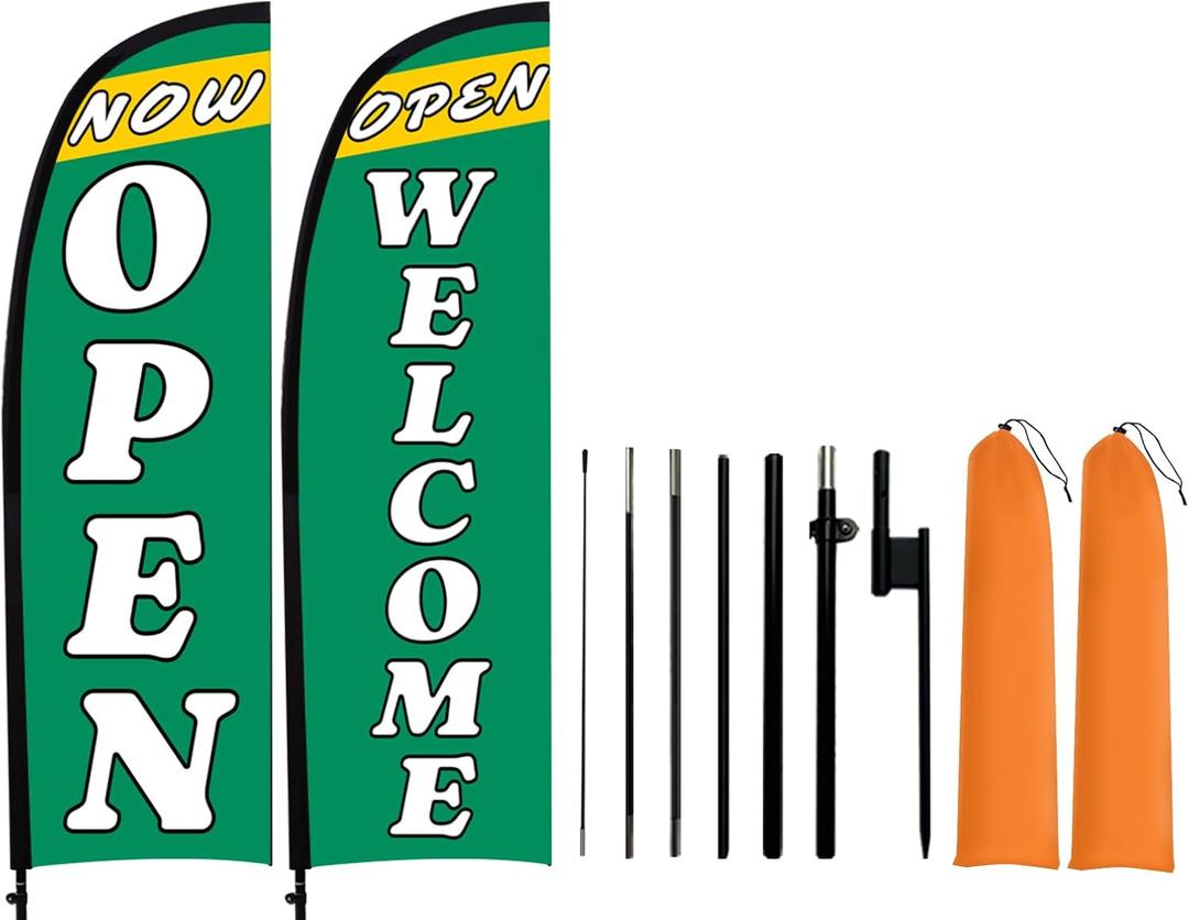 8.2 ft Now Open Flags Signs for Grand Opening Banner Advertising Business, Feather Flag with Pole Kit and Ground Stake, Yard Sign Banner Flagpole Posts for Outside 2 Set Green