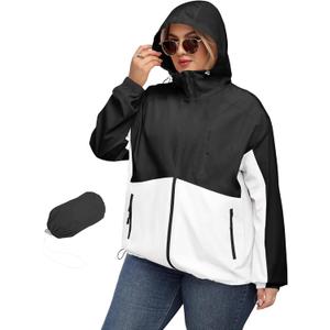 Avoogue Plus Size Womens Rain Jacket with Hood Waterproof Raincoats Lightweight Packable Outdoor Trench Coat (XX-Large Plus, Black and White)