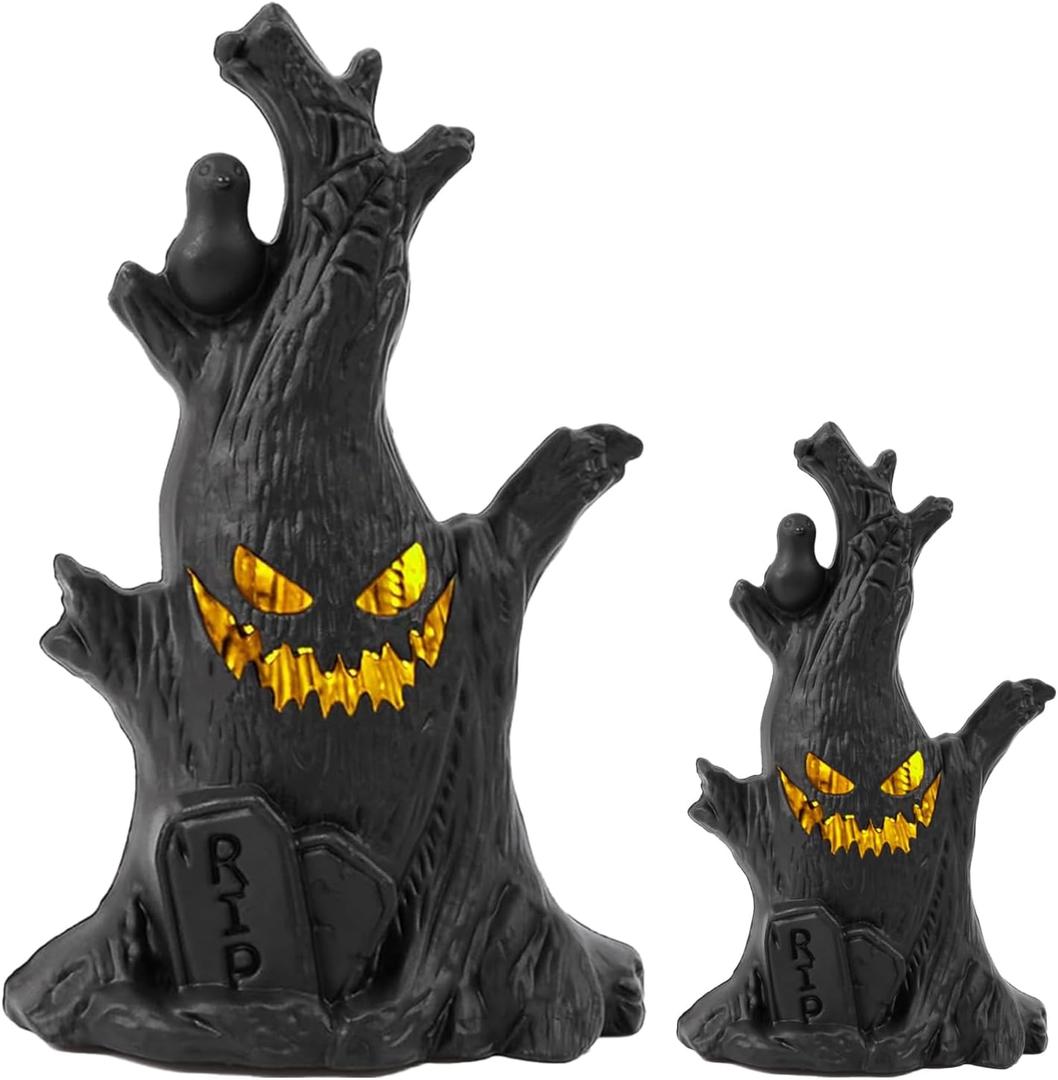 Halloween Tree Lights Decorations 2 Pack  Haunted Tree with Glowing Eyes, Battery Operated Halloween Tabletop Decorations for Home, Mantel, Party & Indoor Haunted House Decor