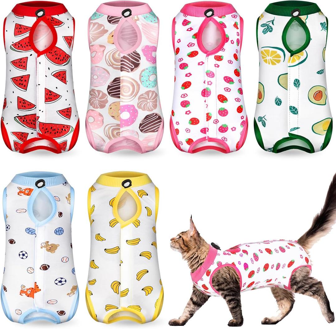 Kacctyen 6 Set Cat Recovery Suit After Surgery Female and Male Cat Kitten Surgery Suit E Collar Alternative Pajama Kitty Clothes for Spay Abdominal Skin Anti Licking(Fruit, Medium)