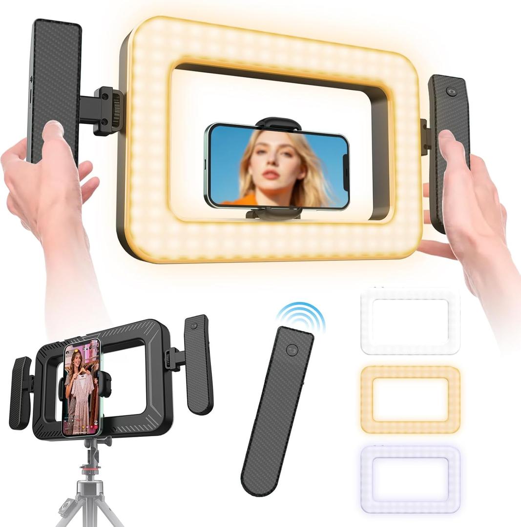Handheld Smartphone LED Ring Light Video Rig with 20m Bluetooth Remote Handle, Ergonomic Stabilizer, 2900K-7000K Adjustable, Fast-Charge, 1/4 Mount for Selfies, Makeup, Live Streaming, Vlogging